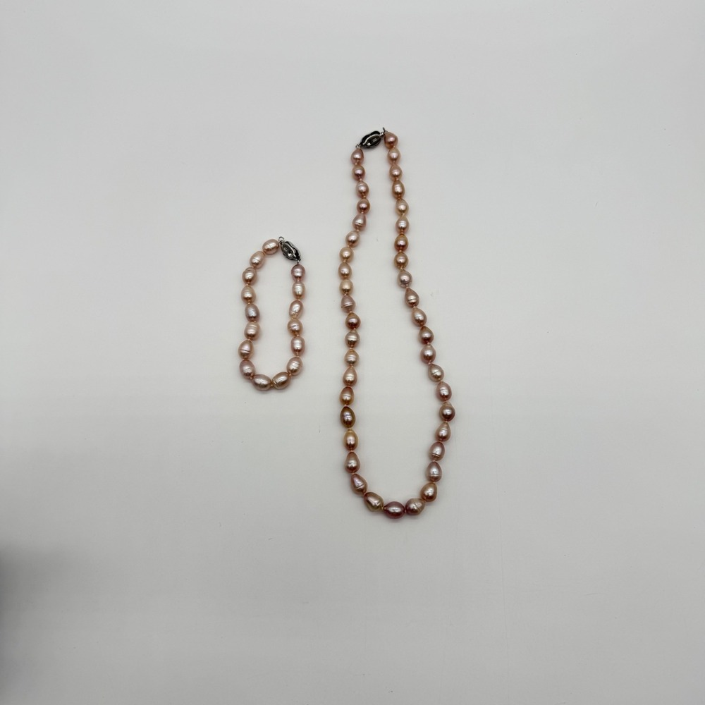 Pink Freshwater Pearl Necklace and Bracelet Set Sterling Silver 925 Clasp 17.5in